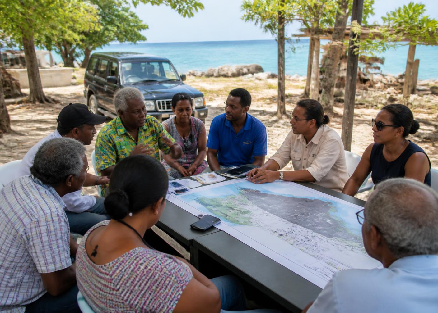 Community members and project officers reviewing coastal plans at an outdoor meeting